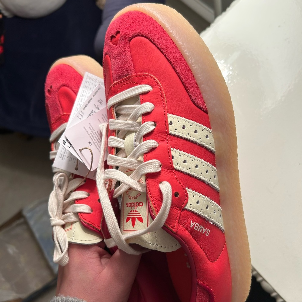 Adidas sambas red w/ pink detailing & heart cut outs